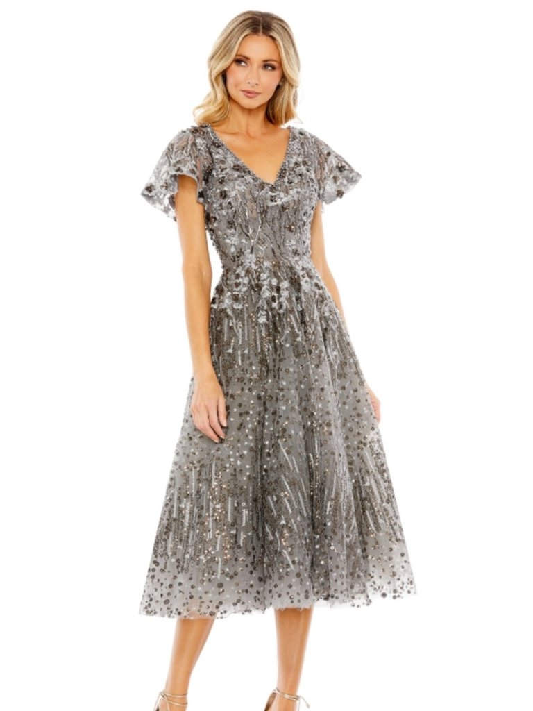 Mac Duggal Gray Embellish Butterfly Fit & Flare Tea-Length Dress Size 16